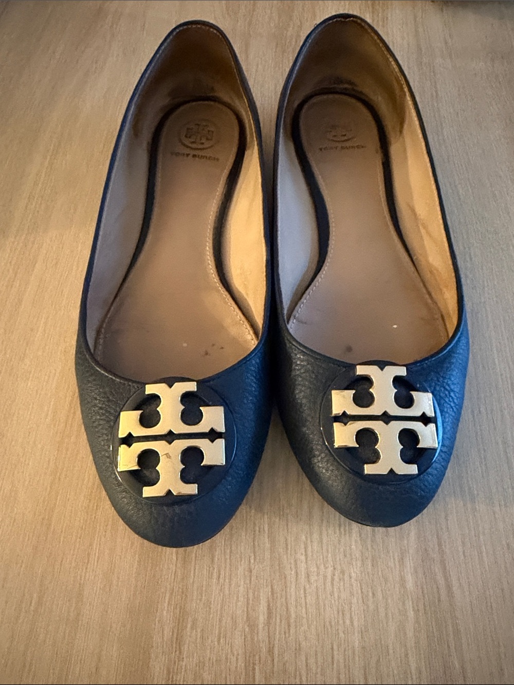 Tory Burch Navy Leather Flats with Gold Logo Medallion